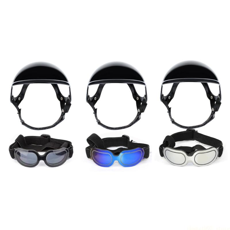 Adjustable Pet Helmet And Goggles Set Motorcycle Safety Hat Uv Protection Sunglasses Puppy Protective Headgear Eyewear For Outdoor Riding чёрный
