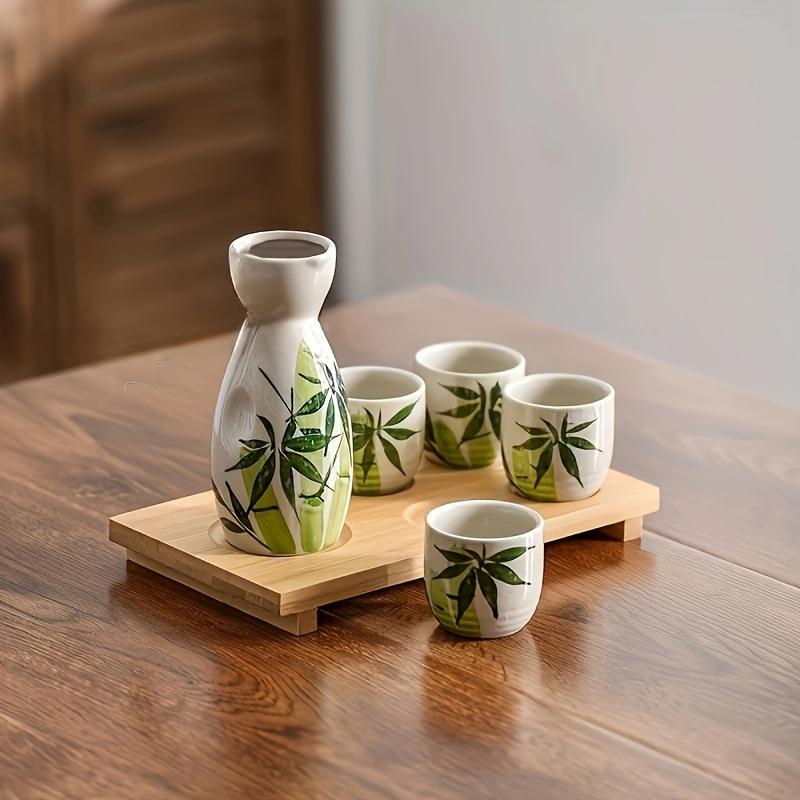 

Set, Japanese Sake Set, Including 1pc Tokkuri Bottle And 4pcs Ochoko Cups, Bamboo Or Flower Pattern Ceramic Sake Set