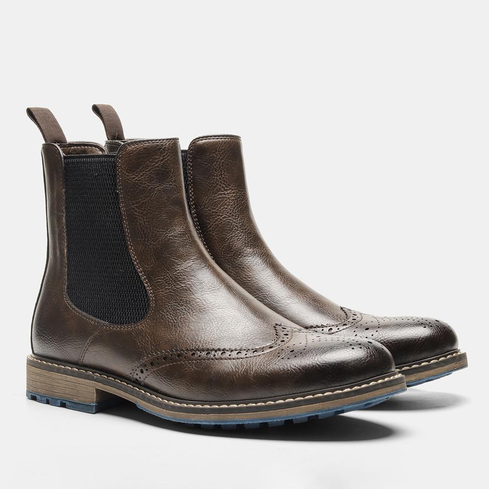 Cross-Border Chelsea Boots Men'S Retro Sleeve Mid-Top Engraved Foreign Trade Brock Single Boots Men'S Short Boots