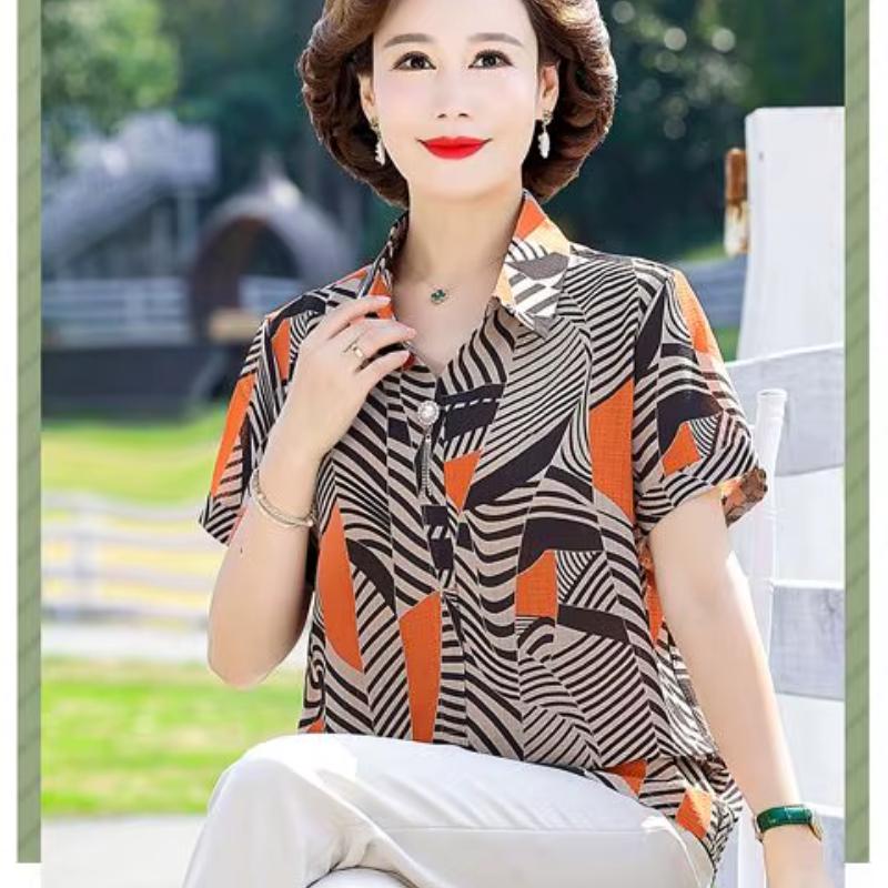 Mom Clothes Loose Short-sleeved Middle-aged and Elderly Women's T-shirt Shirt Fashionable Lapel Pullover Top