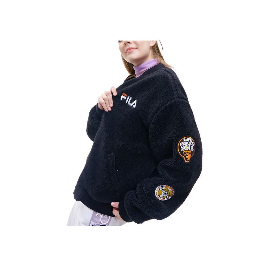 Fila Fusion Inline Faux Shearling Loose Fit Baseball Logo Sports Jacket Unisex jackets Deep-Black T11U145907FBK