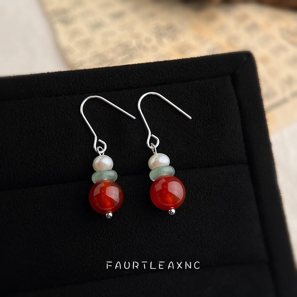

Literary retro freshwater pearl agate Guochao new Chinese court earrings handmade design cheongsam earrings