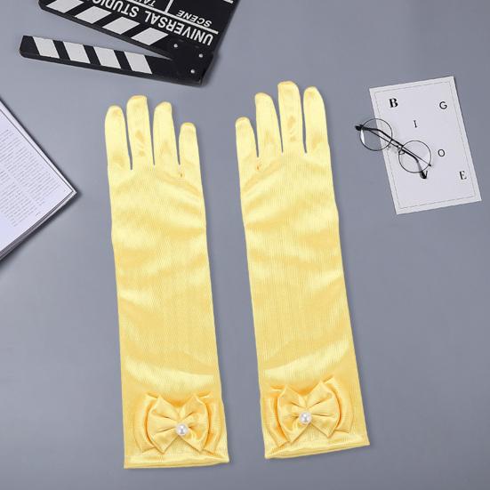 1 Pair Children Performance Gloves Faux Pearl Bow Decor Solid Color Full Fingers Satin Flower Girls Gloves Princess Style Cosplay Gloves