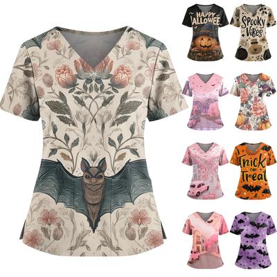 Women's Halloween Printed V-Neck Double Pocket Short Sleeves Hem Slit Uniform Caregiver Top
