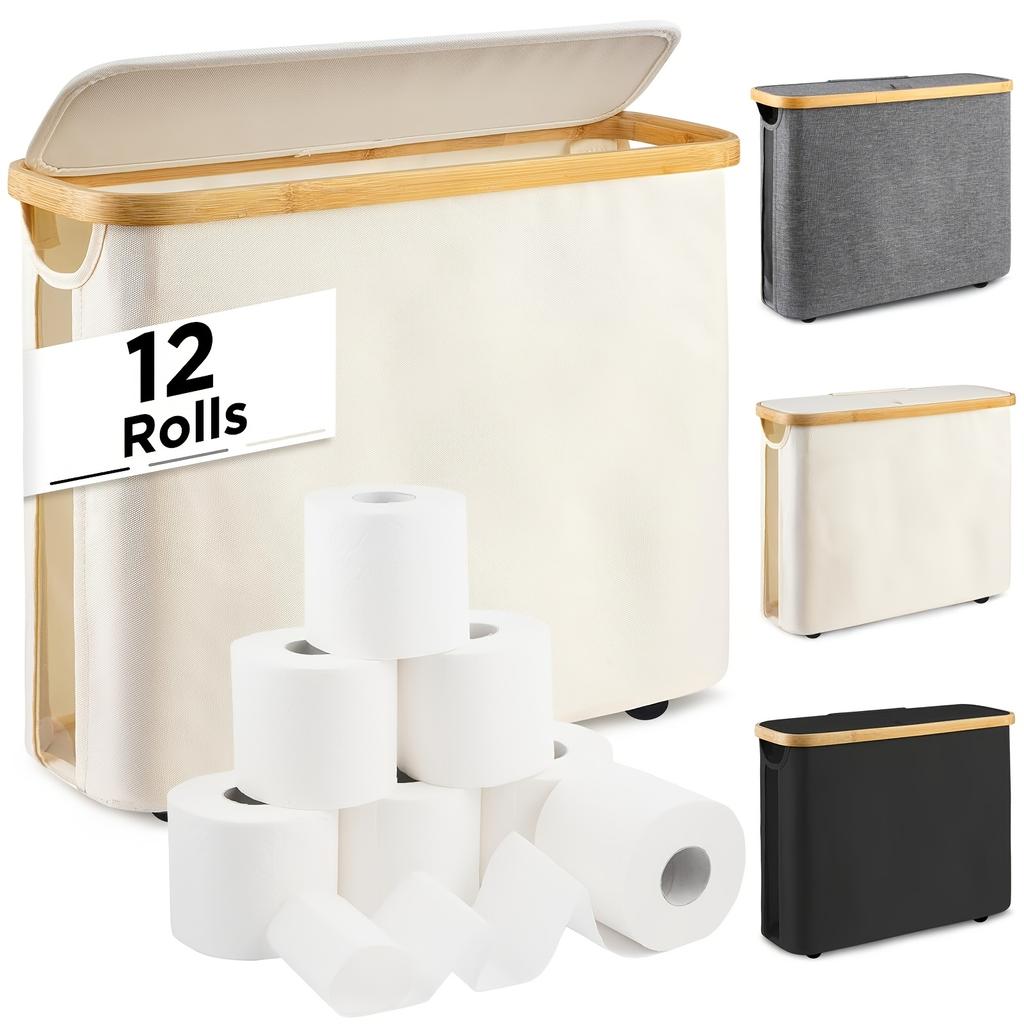 A Bamboo Toilet Paper Holder in A Bohemian Style Featuring A Storage Basket,Versatile Collapsible Basket Can Be Used for Laundry