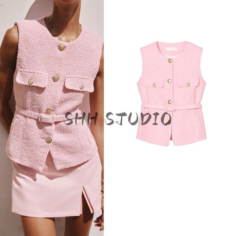 Spring and Summer New Women's Clothing Single-Breasted Flip round Neck Sleeveless with Belt Texture Vest 2132091