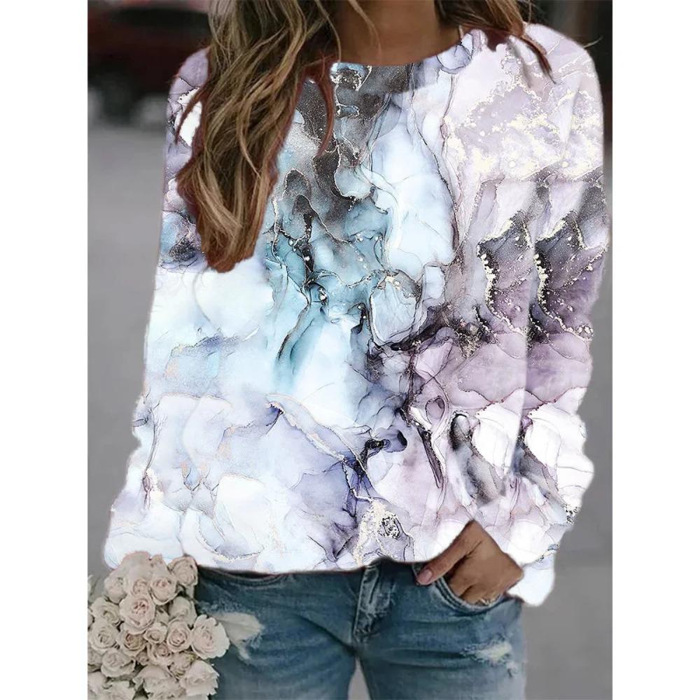 Hot Selling New Marble Texture 3D Printed Women's Casual Round Neck Long Sleeved T-shirt