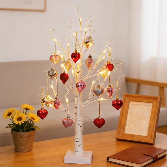 25" Valentine's Day LED Lighted Birch Tree 24 LEDs Artificial Tree Light with Heart Ornaments Romantic Tabletop Decoration for Home Indoor Table Decor