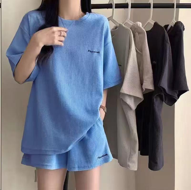 Korean Style Waffle Knit Two-Piece Set: Loose Shorts & Slimming Short Sleeve Top