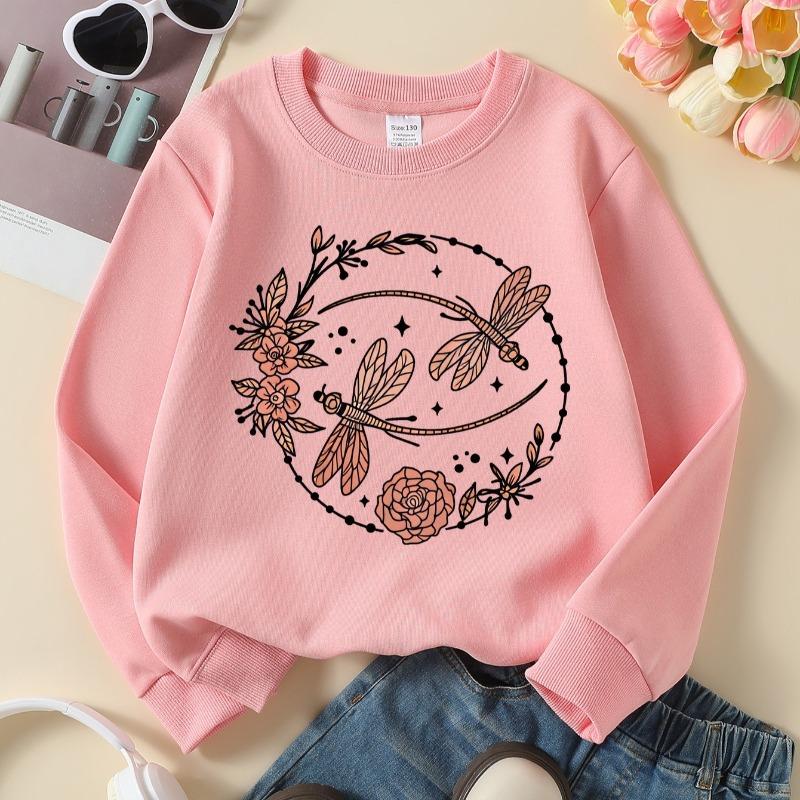 Kids Crewneck Sweatshirt, Dragonfly Floral Wreath Print, Soft Casual Pullover for Fall Winter