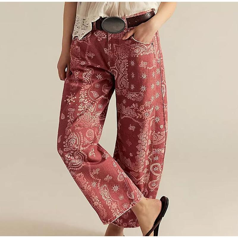 Herbst und Winter Damen lockere Jeans Blumenmuster Denim Neun-Punkt-Hose Weiter Bein Mittlere Taille Jeans