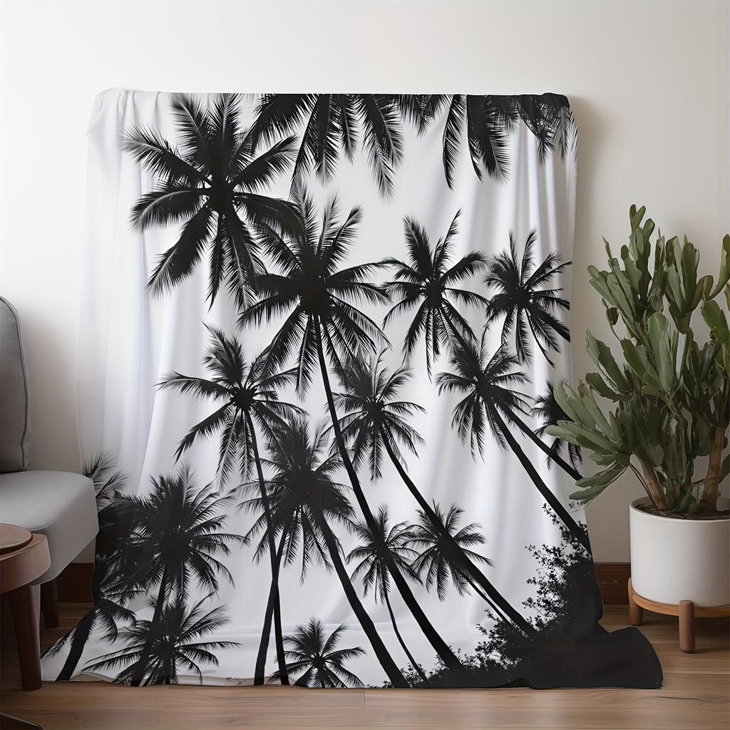 1Pc Black And White Coconut Palm Print Blanket, Polyester Fabric, Machine Washable, Suitable For Bedroom Living Room Decoration
