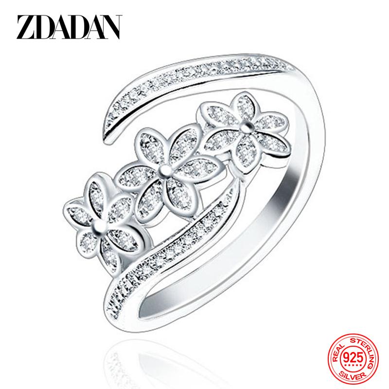925  Silver Fashion Adjustable Open CZ Flowers Ring For Women Temperament Jewelry Accessories Gift