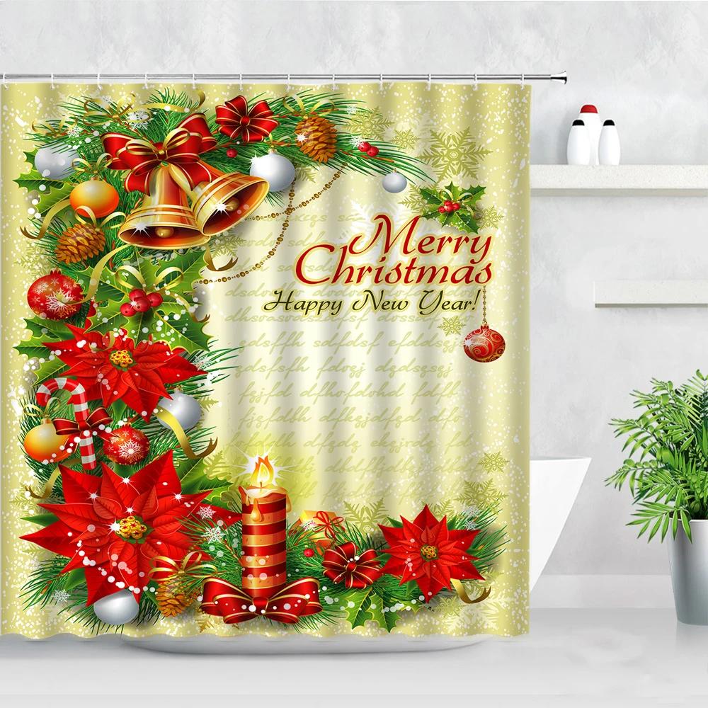 Winter Christmas Shower Curtains Xmas Ball Gift Cedar Natural Landscape New Year Home Decor Bathroom Fabric Bath Curtain Hooks