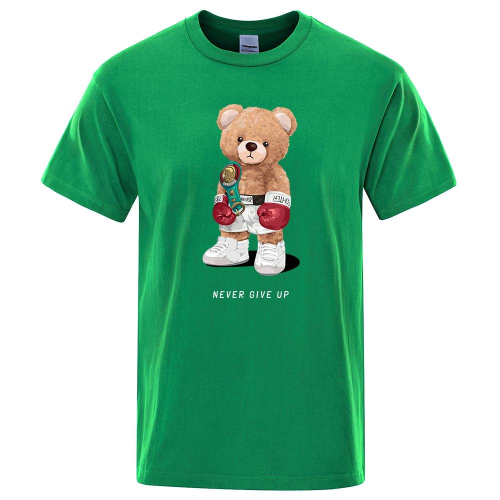 Strong Boxer Ted Bear Never Give Up Print Funny T-Shirt Men Cotton Casual Short Sleeves Loose Oversize Tee Clothing