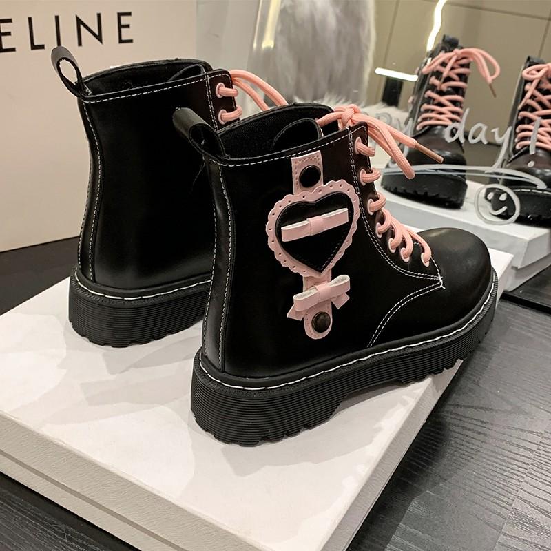 Hart Enkellaarzen Dameslaarzen Gotische Platte Dames Schoenen Platform Veterschoenen Leren Enkellaarsjes Dames Schoenen D453 Roze Liefdevol