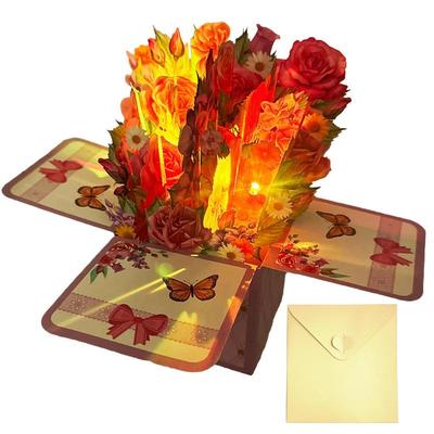 Flower Bouquet Birthday Cards 3D Greeting Pop Up Mothers Day Flower Cards Thank You Paper With Lights And Music Blank Note Card