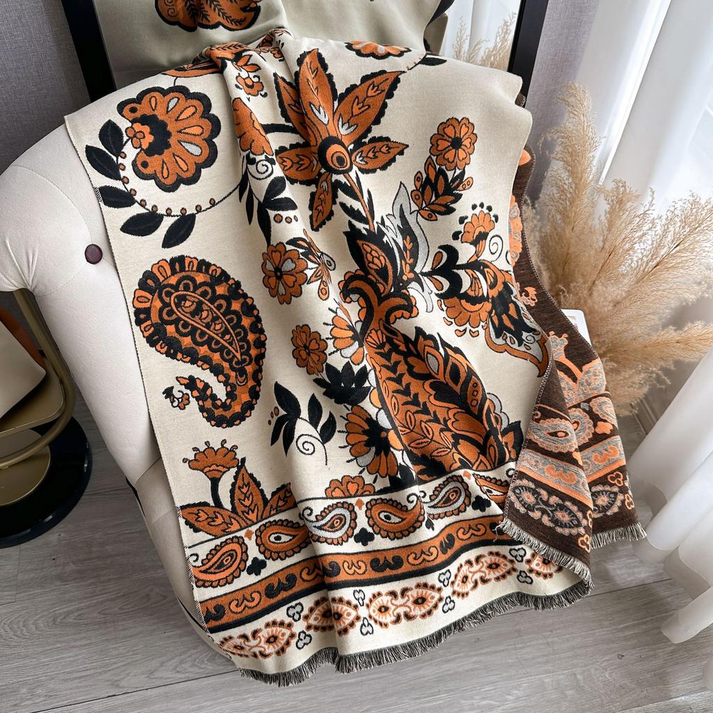 400G Thickened Version Of Retro Ethnic Style Cashew Flower Scarf Women'S Winter High-End Warm Scarf Imitation Cashmere Shawl