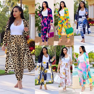 Women Fashion Sets Long Coat Jacket and Trousers 2 Piece Set Feather Floral Print Casual Sets High Waist Leggings /& Long Sleeve Cloak Cardigan Two-Piece Set Casual Outfits