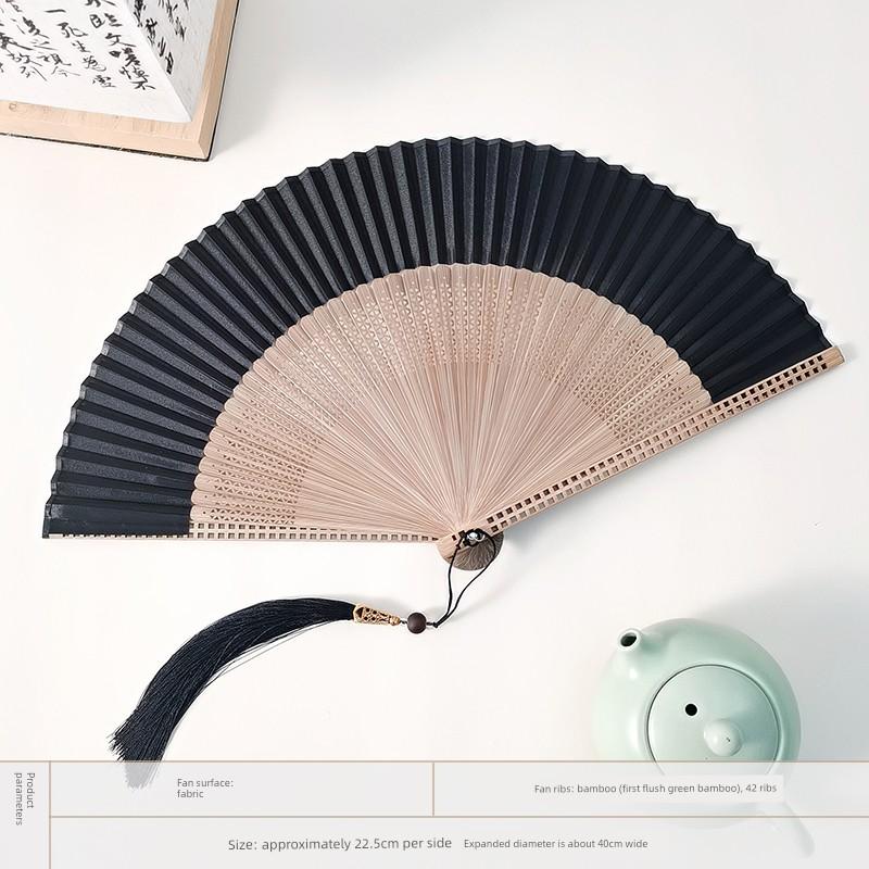 Classical Green Hollowed-Out Fan with Ancient Style, New Chinese-Style Dressing Gown Fan, Chinese-Style Bamboo Folding Fan, Portable