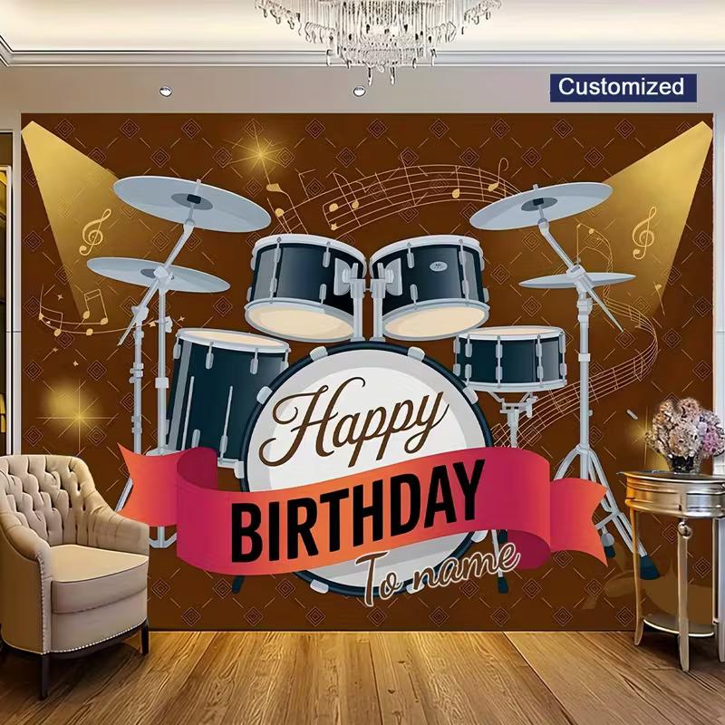 Custom Rock Birthday Background, Drum Set Happy Birthday Banner for Boys Music Themed Birthday Parties