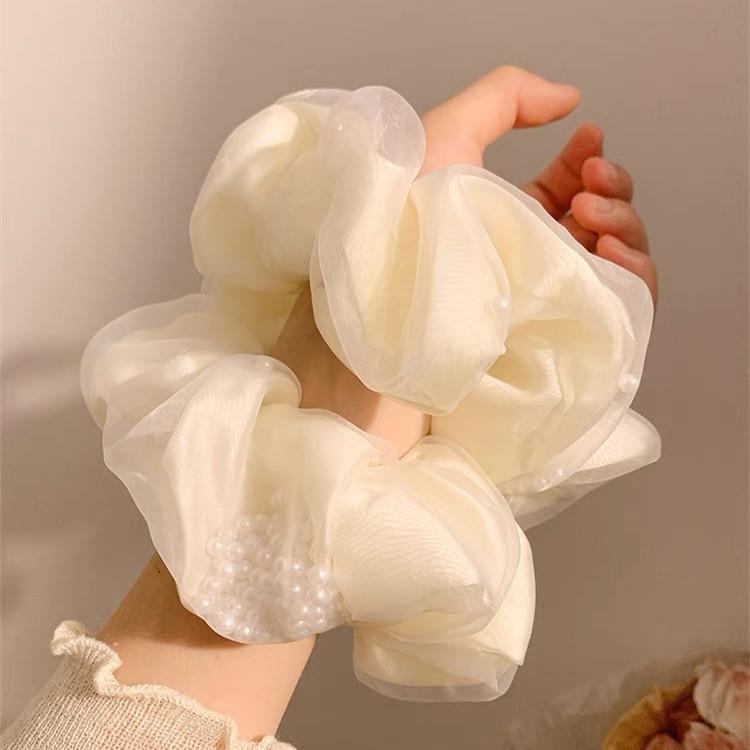Light Gauze Under the Moon ~ White Mesh Pearl Large Intestine Hair Ring for Women Korean Style High-end Summer Lazy Style Hair Rope Hair Accessory