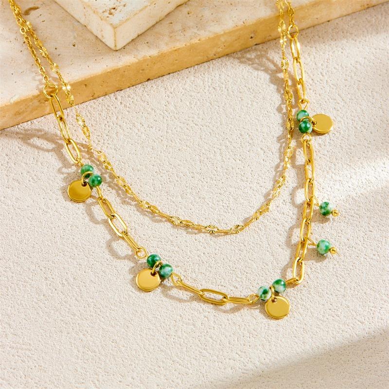 Gold Green Bead Disc Layered Necklace for Women