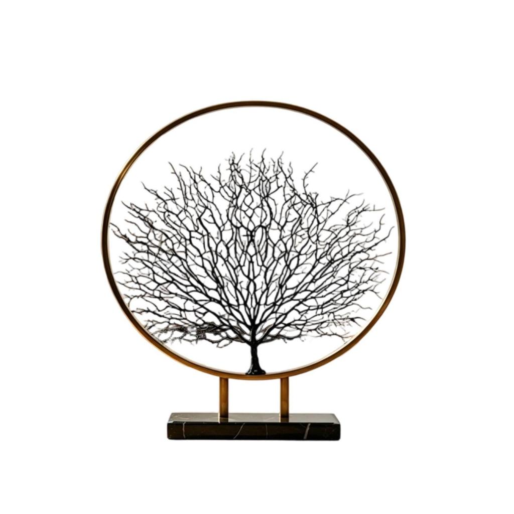 Metal Tree Figure Gold Arboreal Outline with Circular Structure Frame Minimalist