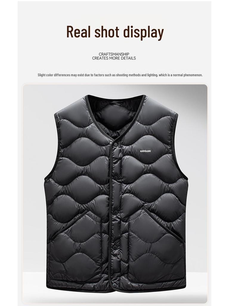 Men's Lightweight White Duck Down Vest - Solid Color, Sleeveless, Versatile, Warm Inner Layer for Autumn/Winter.