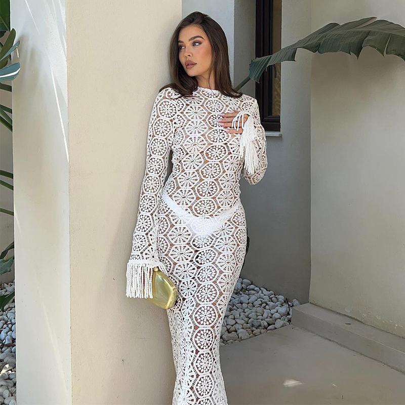 Sexy Tassel Hallow Out Midi Dress Women Solid Long Sleeve O-neck Holiday Slim Dresses Female 2024 Summer Fashion Crochet Robe