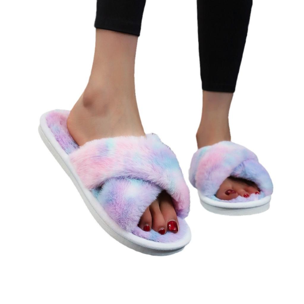 Tie-dye plush slippers flat bottom home hair drag fashion rainbow fluff slippers