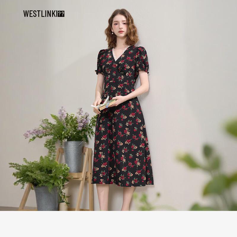 Xiyu Women's 2025 Autumn French Rose Floral Lace Trim V-Neck Midi Dress