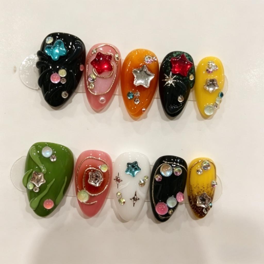 10 Pcs Handmade Y2K Short Almond Press On Nails With 3D Star Charms Colorful False Nails For Women And Girls