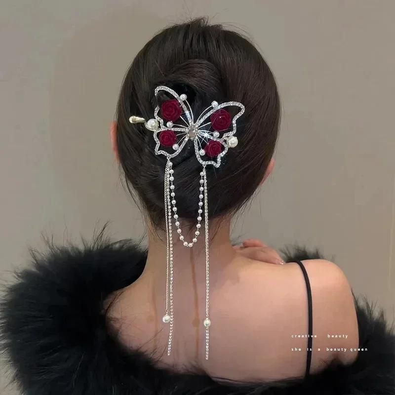 Fashion Butterfly Pearl Tassel Hair Claw Rhinestone Clip Korean Simple Shark Ponytail Crab Clip Hair Accessories for Girls Gifts