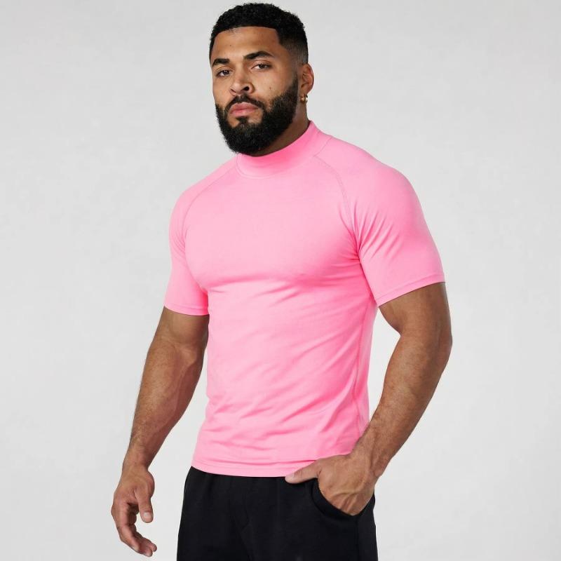 

Mens Basic Solid Color Mock Neck Short Sleeve T Shirt S розовый