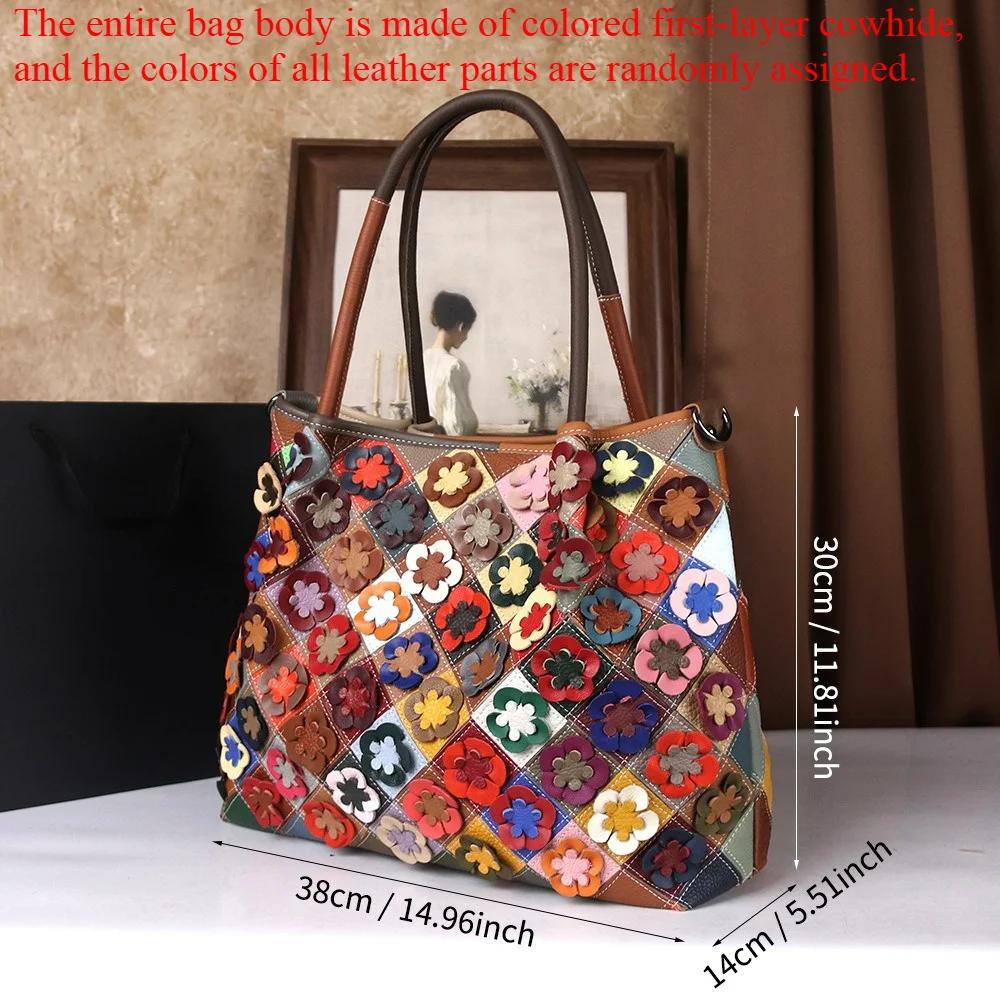 Modische Damenhandtaschen der aktuellen Saison, vielseitige Patchwork-Taschen aus Vollnarben-Rindsleder in Blumenfarben mit großem Fassungsvermögen