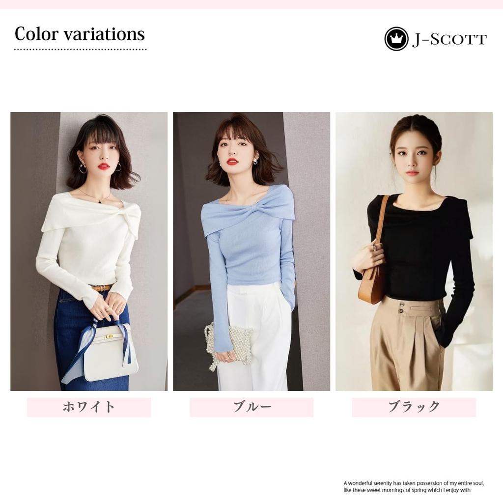Boat Neck Knit Top with Ribbon Slim J-Scott Motif, Lightweight, Soft, Fit, 1/4 Sleeves, White, JS112-WH-L