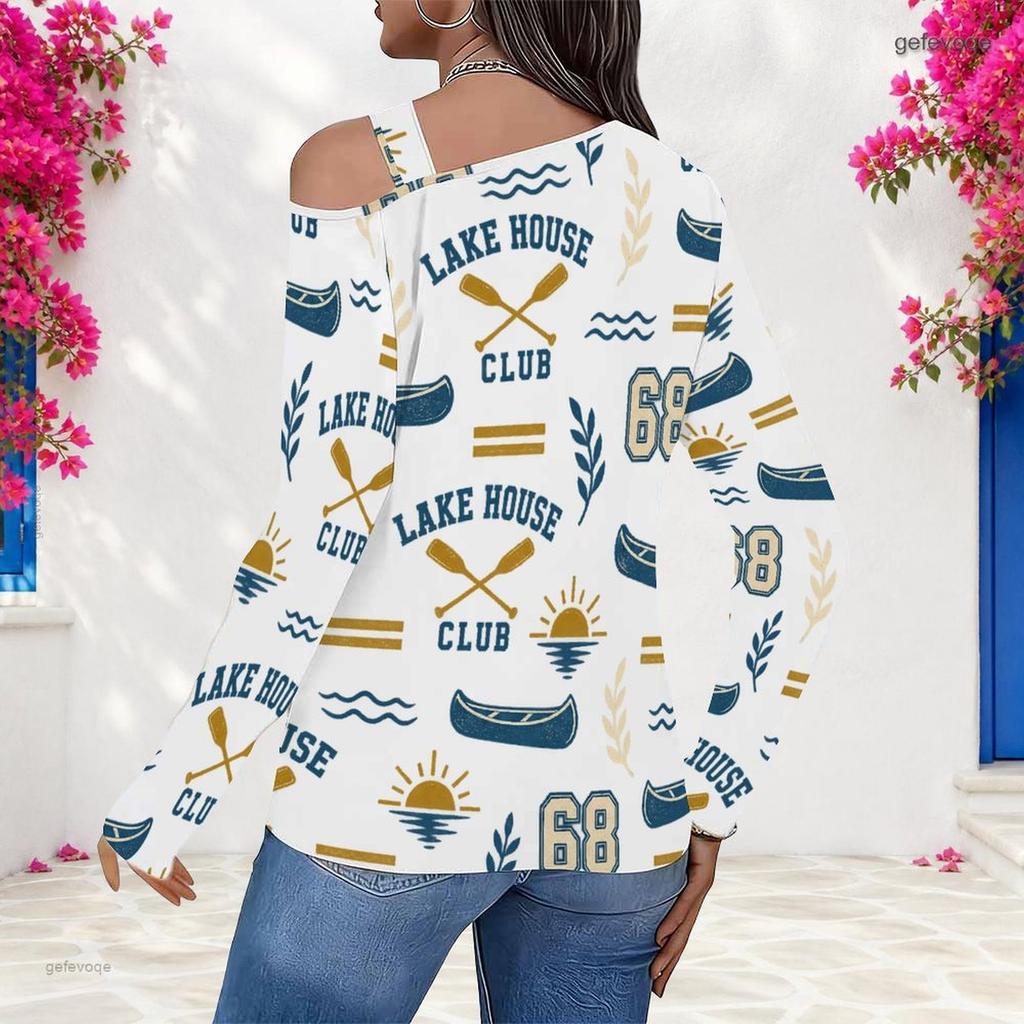 Women Plus Size White Asymmetric Cutout Neck Cold Shoulder Long Sleeve Sailboat Printed Top