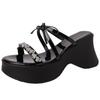 French muffin bottom bow thick bottom one-word slippers girls summer fashion with skirt rhinestone slope heel cool slippers