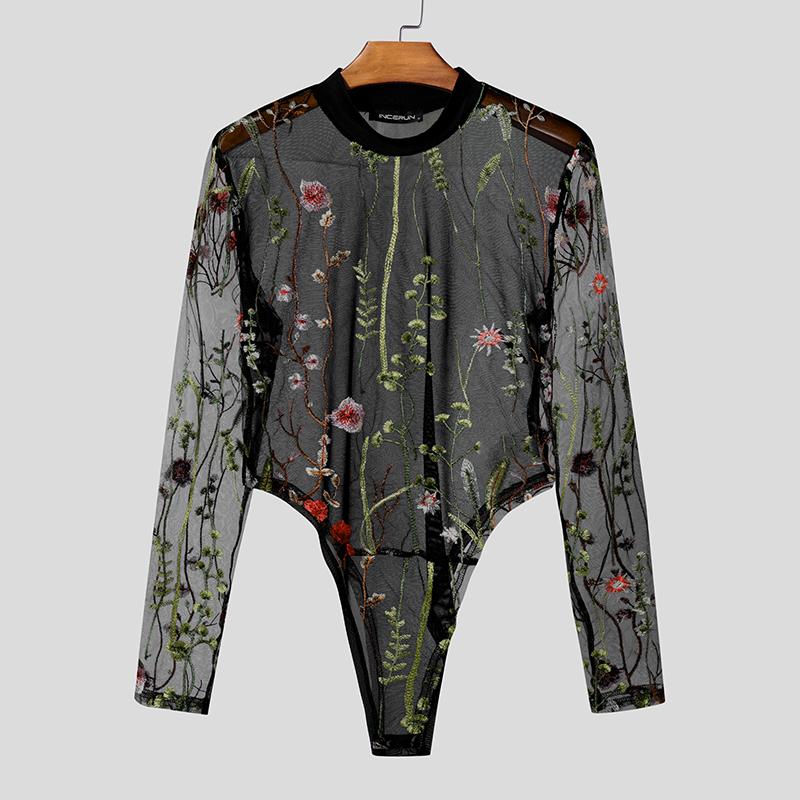 INCERUN Men Long Sleeve Embroidery Floral Mesh See Through Party Clubwear Bodysuits Jumpsuits