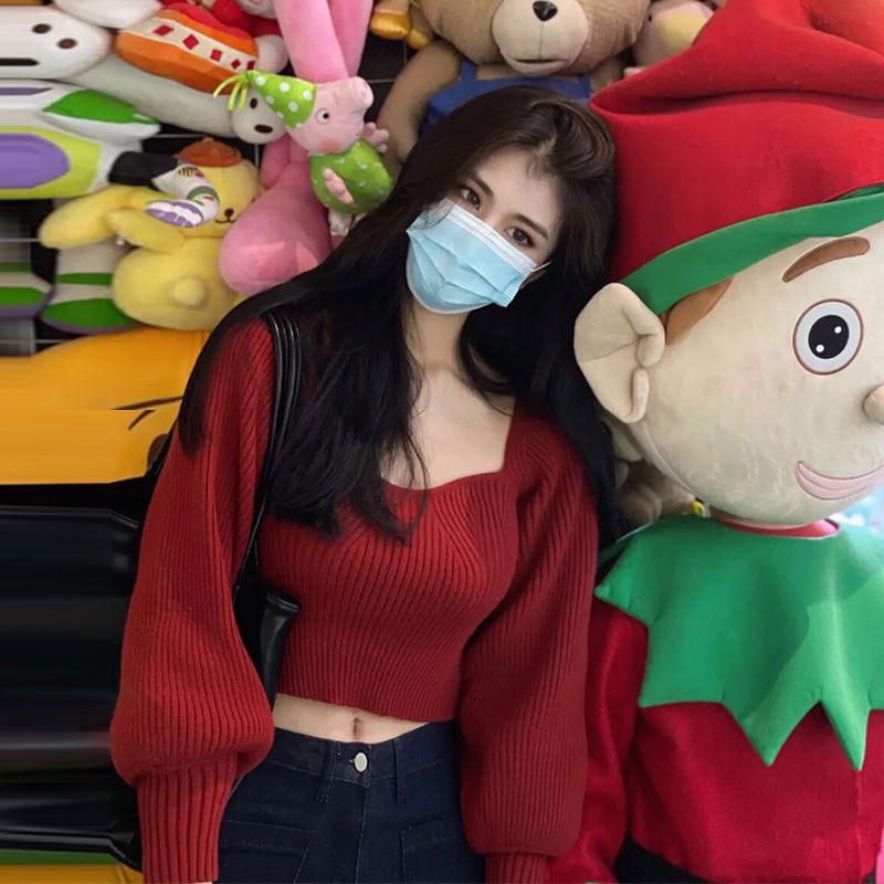 

Минималистичный укороченный вязаный свитер с квадратным воротником и открытыми плечами для женщин - Стиль ранней осени One Size красный