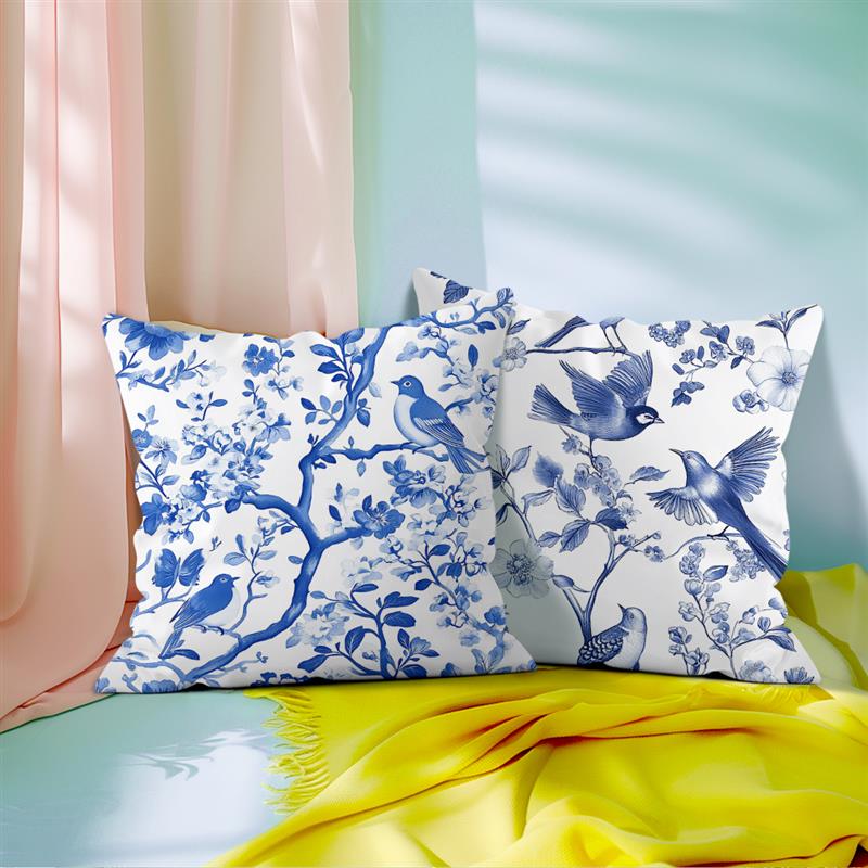 Chinese Style Pattern Throw Pillow Cases Flowers And Birds Painting Soft Cushion Cover For Home Decor Easy To Clean 17.7*17.7in