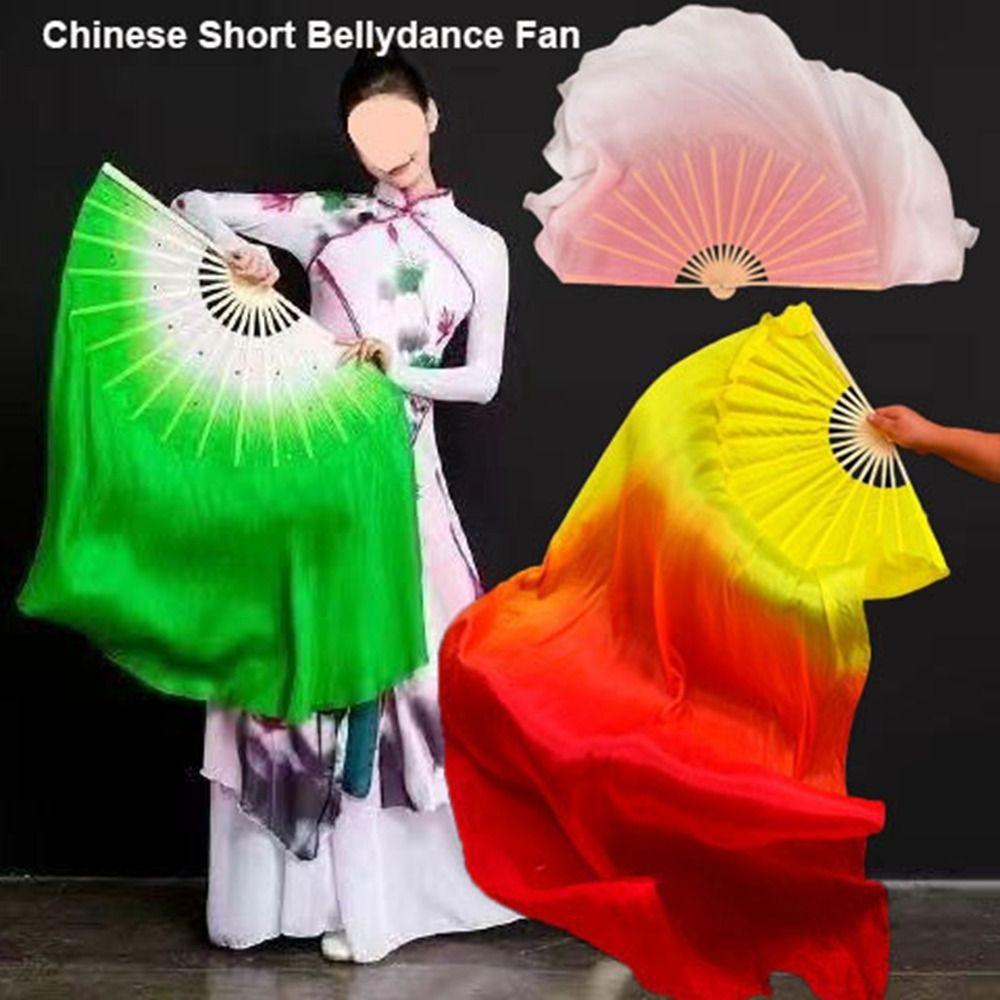 10cm Half Circle Silk Veil Chinese Short Bellydance Fan 31cm Bamboo Hand Dye Adults Fan Kid Women