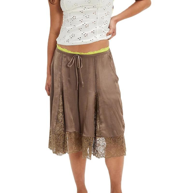 Women Y2k Lace Floral Bloomers Pants Silk Satin Patchwork Ruffles Coquette Half Slip Midi Pants Streetwear