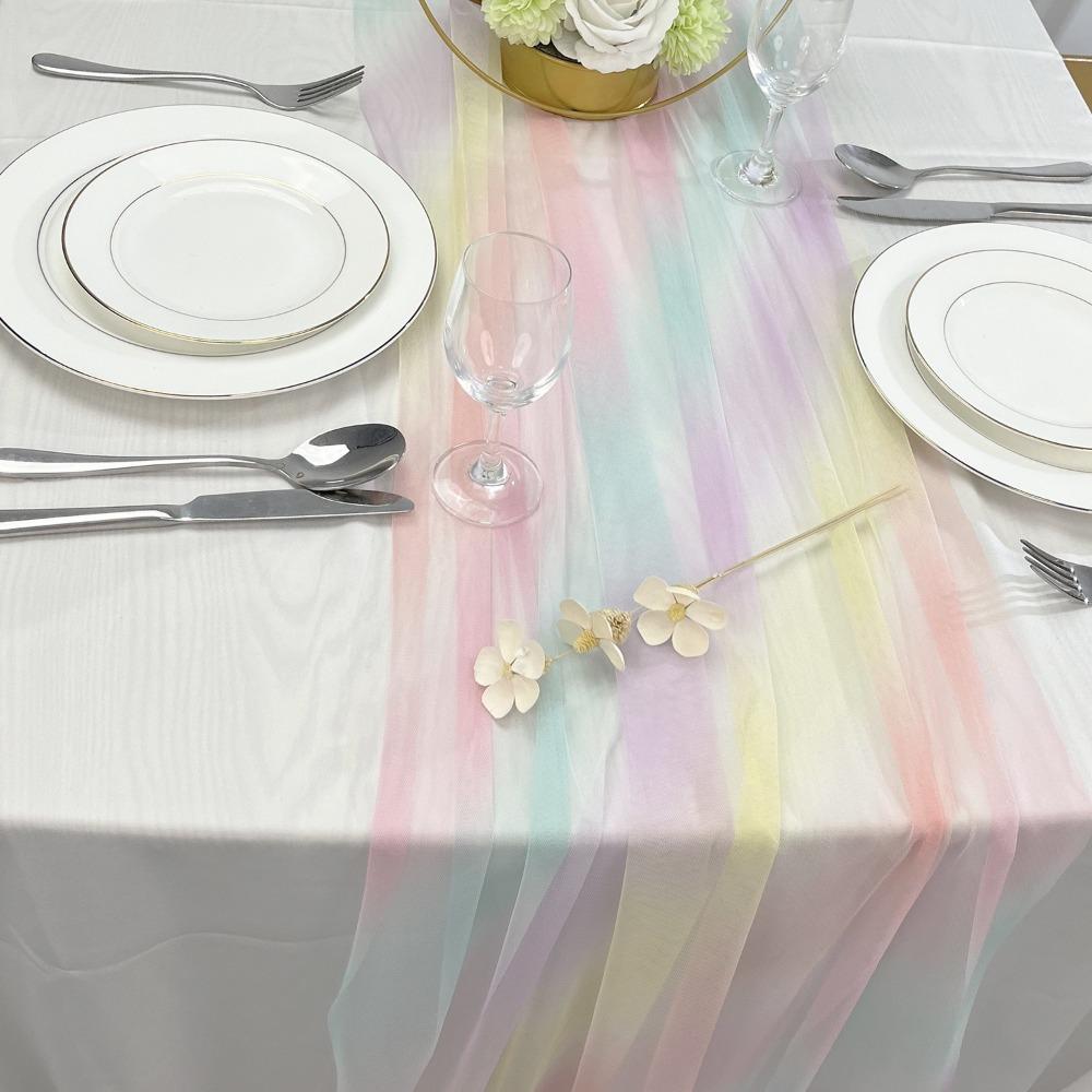 New 75X180CM Table Runner Rainbow Gradient Table Cloth Sheer Mesh Gauze Dining Table Decoration Brithday Party