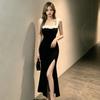Pure Desire Flower Suspender Dress Women's Summer Design Feeling Waist Halter Split Fork Black Hip Skirt Long Dress