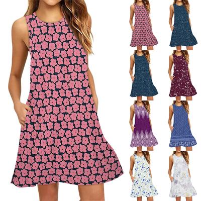 Women's Fashion Beach Dress Sleeveless Round Neck Floral Print Dress