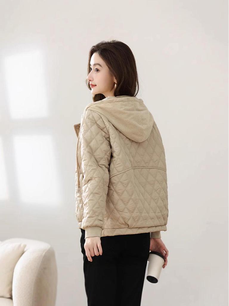 Jachetă de iarnă stil coreean argyle - Casual, ușoară, cu glugă și care subțiază.