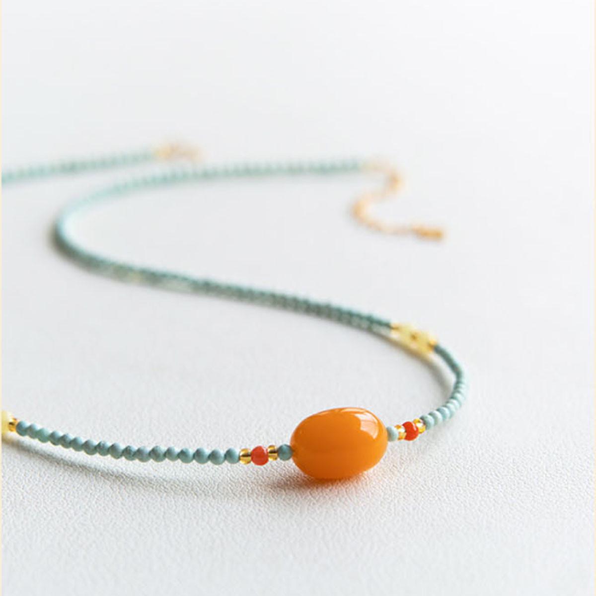 Бирюзовое и Янтарное Бусинное Ожерелье на Ключицы Turquoise