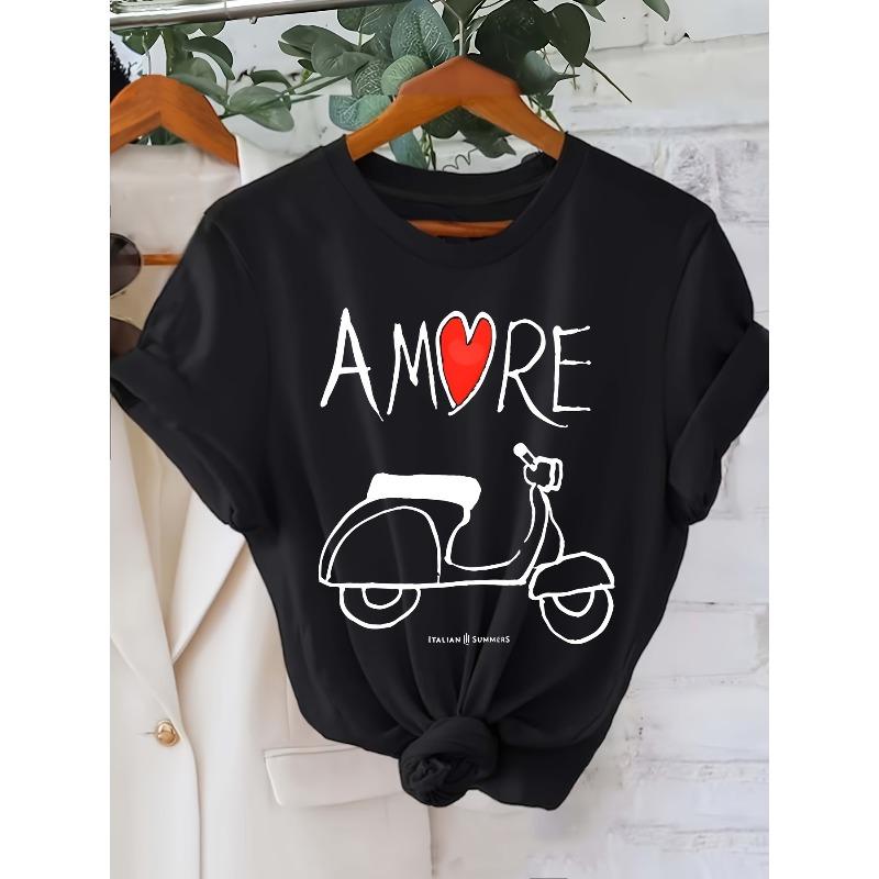 

European sizes Women s Amore Short Sleeve T-Shirt - Minimalist Print Crew Neck Top, Casual Everyday Blouse for Spring Summer Outfits 4XL